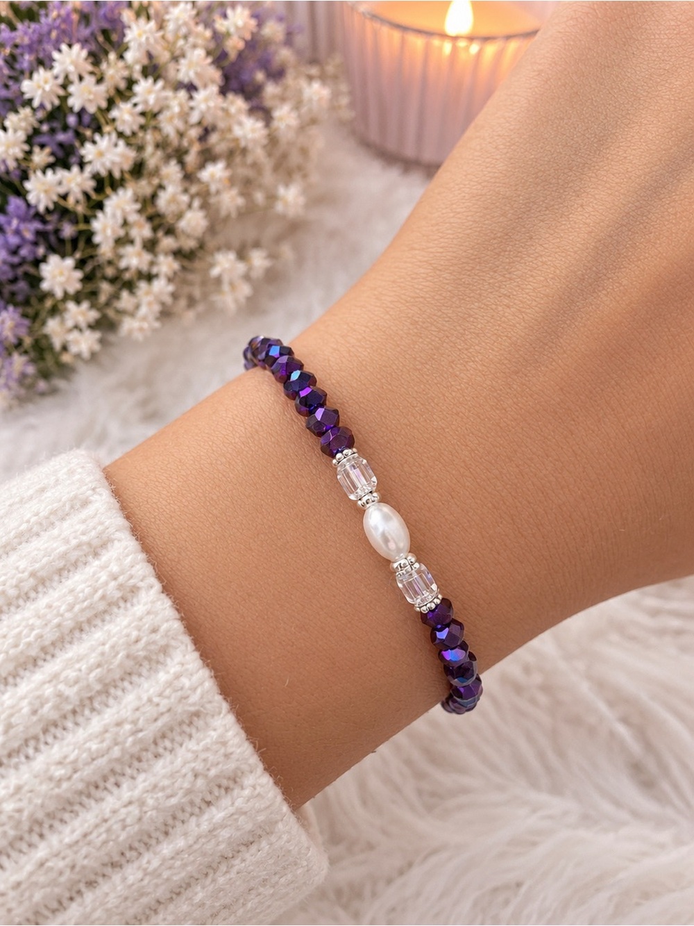 Purple beaded bracelet with pearl